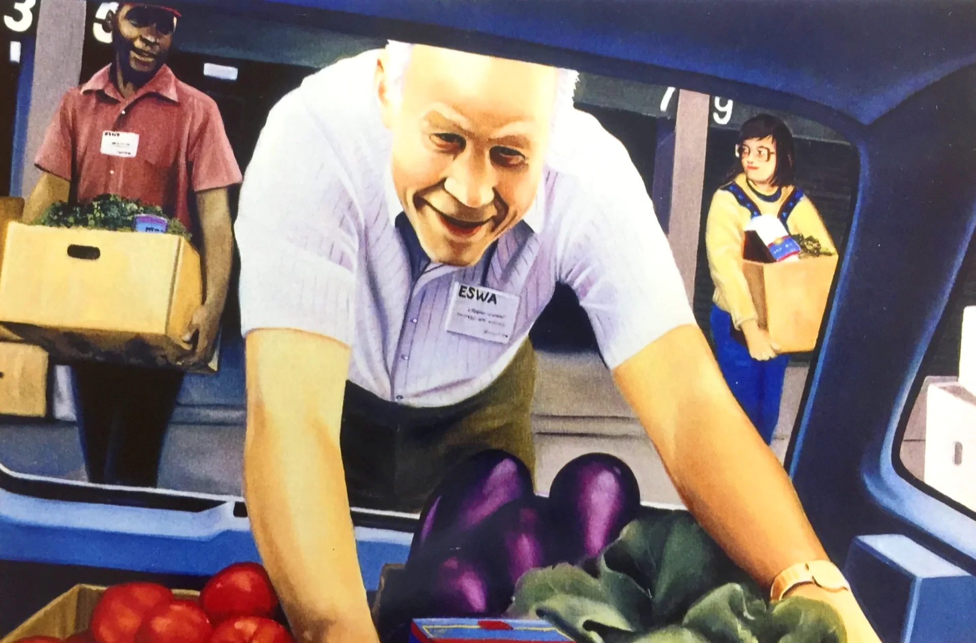 Painting by Michele Amatrula of a man loading eggplans into the back of a car