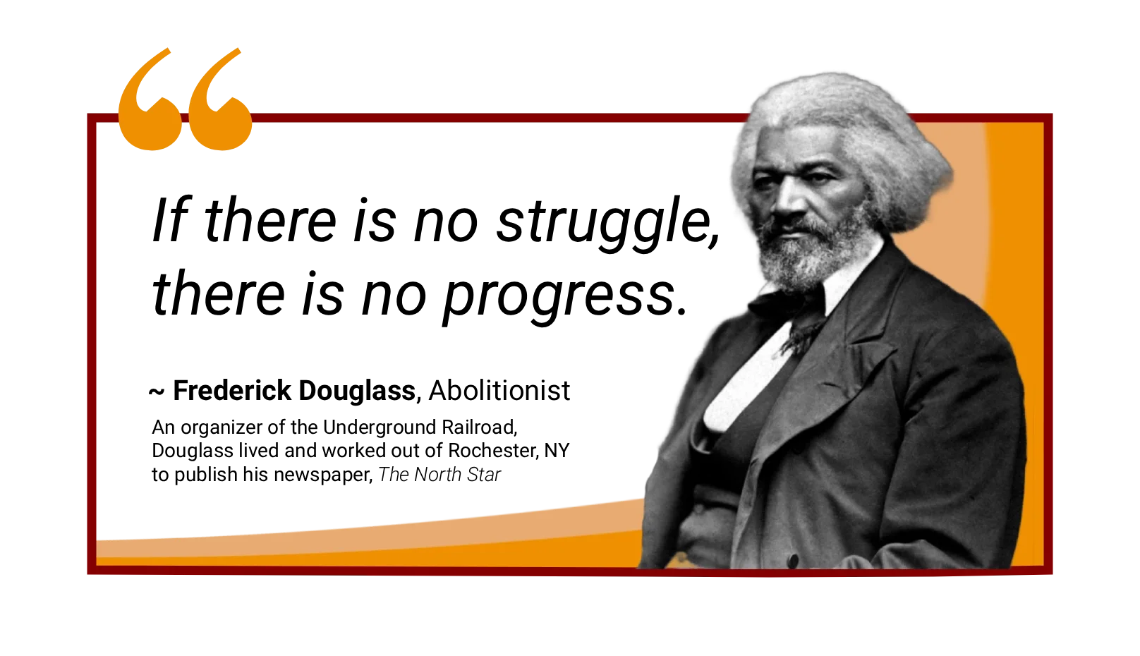 A photograph of Frederick Douglass with a quote from him that says "If there is no struggloe, there is no progress."