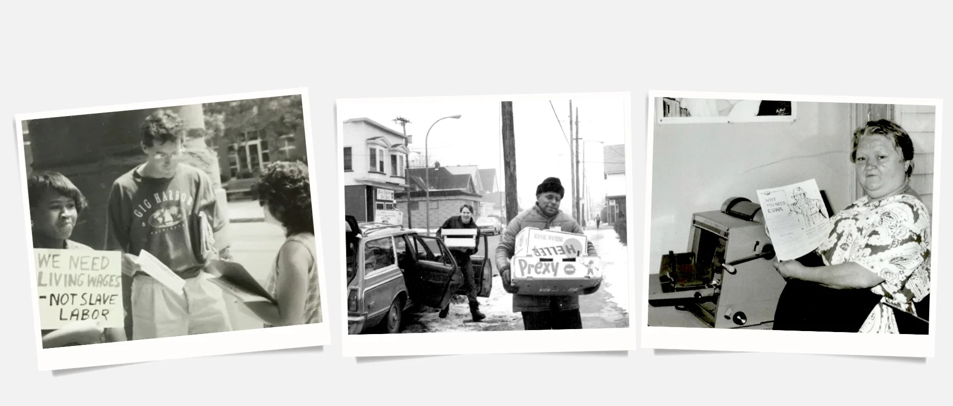 Historic photos of ESWA activities from the 1970s, 80s and 90s. A women holds a sign that says "We need living wages - not slave labor"