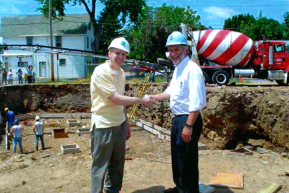 Advisory Committee President Mark Horn (left) and Tom Weckesser (right), owner of Weckesser Brick, who donated more than 18,000 bricks for building construction.