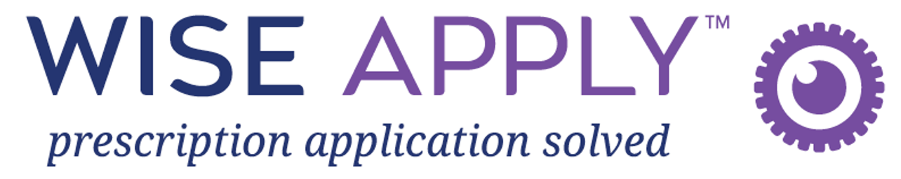 Logo with the words 'WISE APPLY' in blue and purple, and the phrase 'prescription application solved' below in blue, along with a purple gear icon.