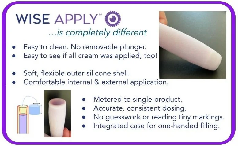 Product packaging and a close-up of a vaginal applicator. The packaging highlights features like easy-to-clean, no removable plunger, soft silicone shell, internal and external application. It mentions single calibration, consistent dosing, no tiny markings, and an integrated case for one-handed filling.