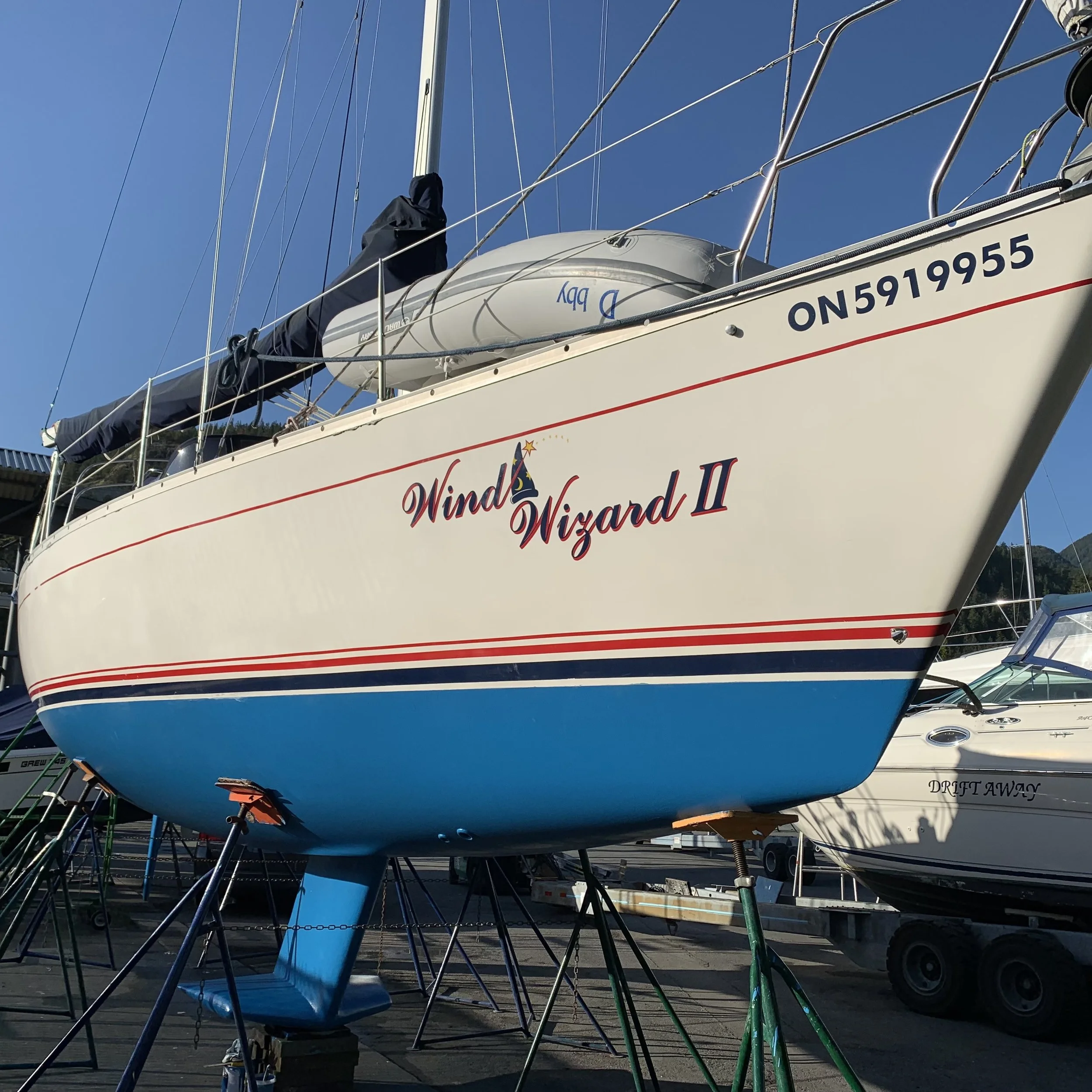 Wind Wizard II has a wing keel and partial-skeg-hung rudder. Her draft is 5'4" and her beam, 11'6". She spent most of her life in the Great Lakes, only coming to the Pacific Coast in 2020, thus the Ontario registration. She had never been in saltwate