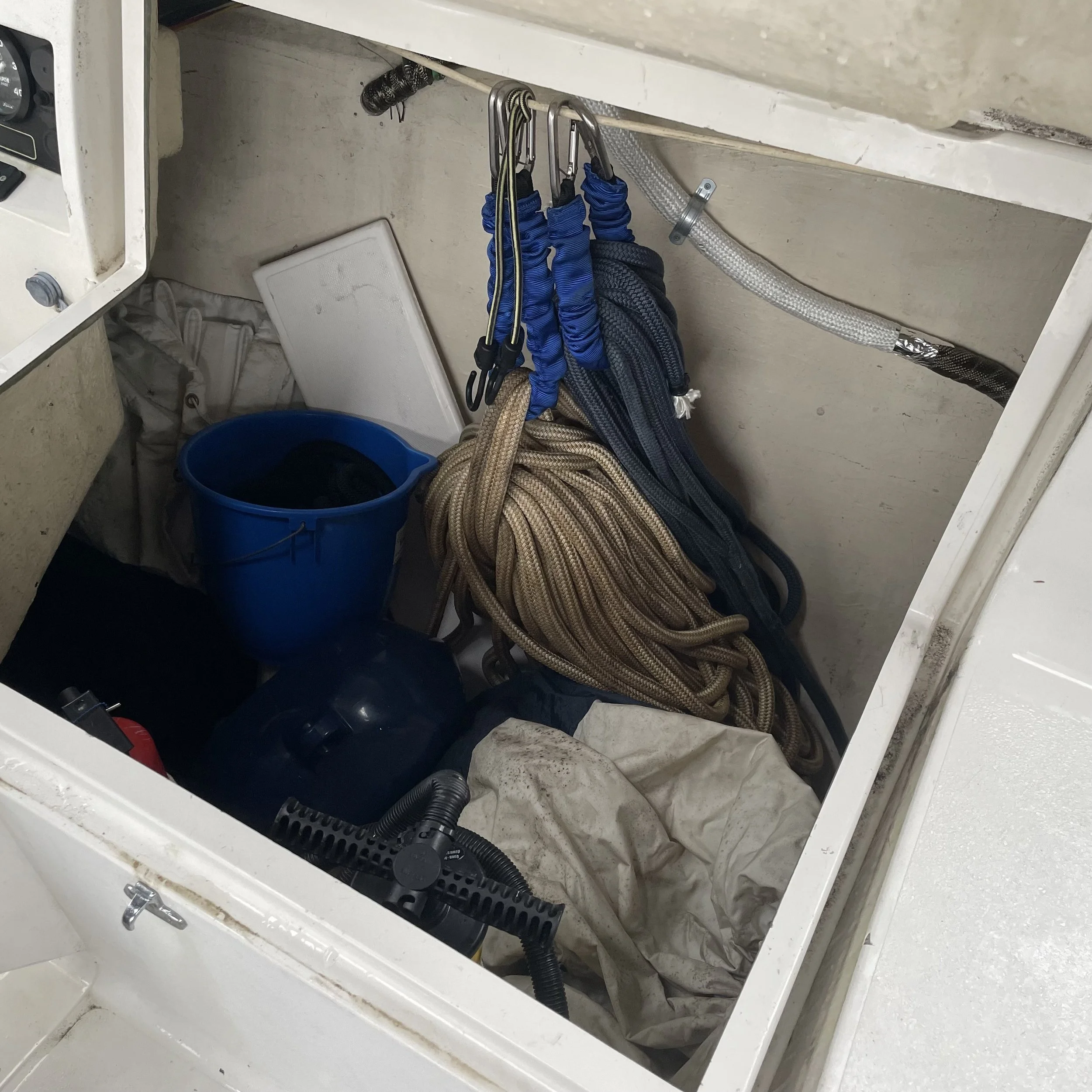 Large lazarette holds gennaker, extra 100% jib, full enclosure and spare rode and chain as well as all fenders during passages.