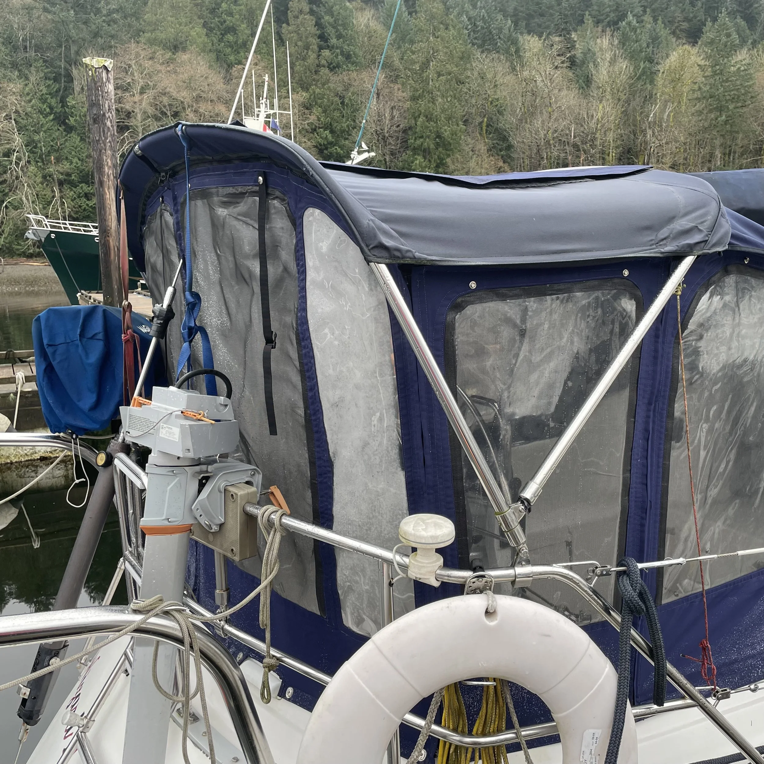 Full canvas enclosure for shoulder season cruising.