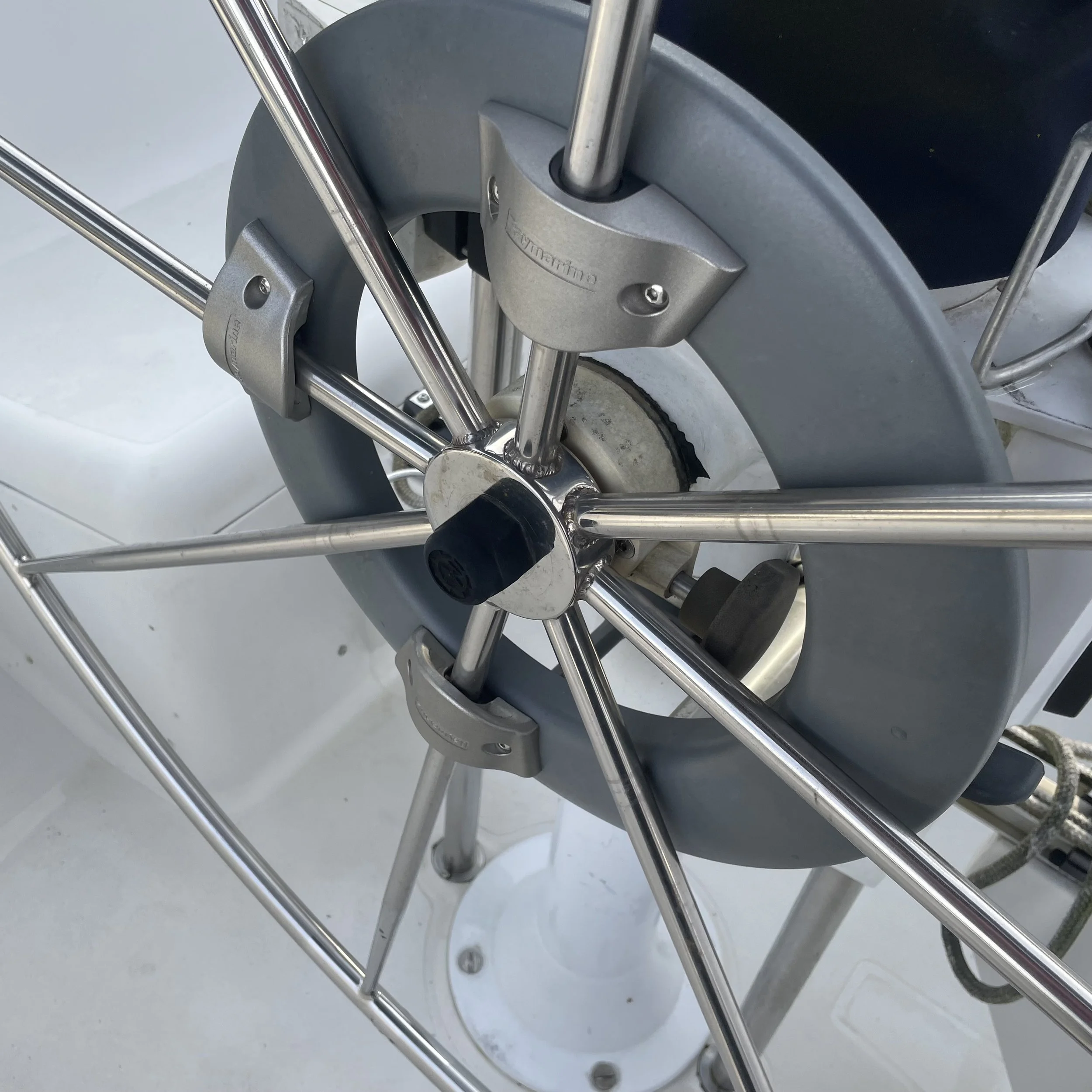 A new Raymarine wheel pilot installed in 2024. Wind Wizard's helm is very light and when in good trim can easily be handled by the autopilot, even in 25+knots and heavy cross seas.