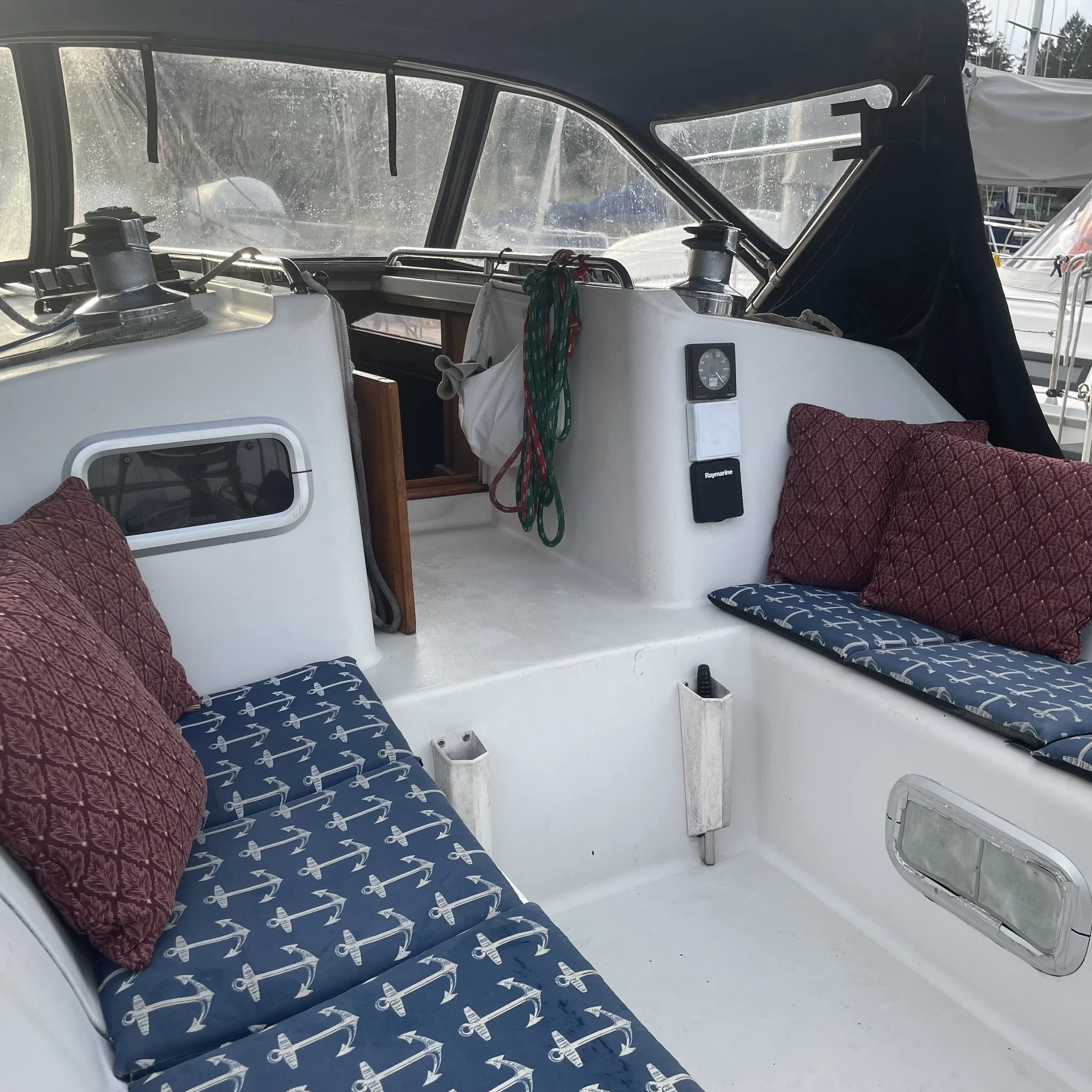 Dodger provides good protection for the crew on rough crossings of the Strait of Georgia.