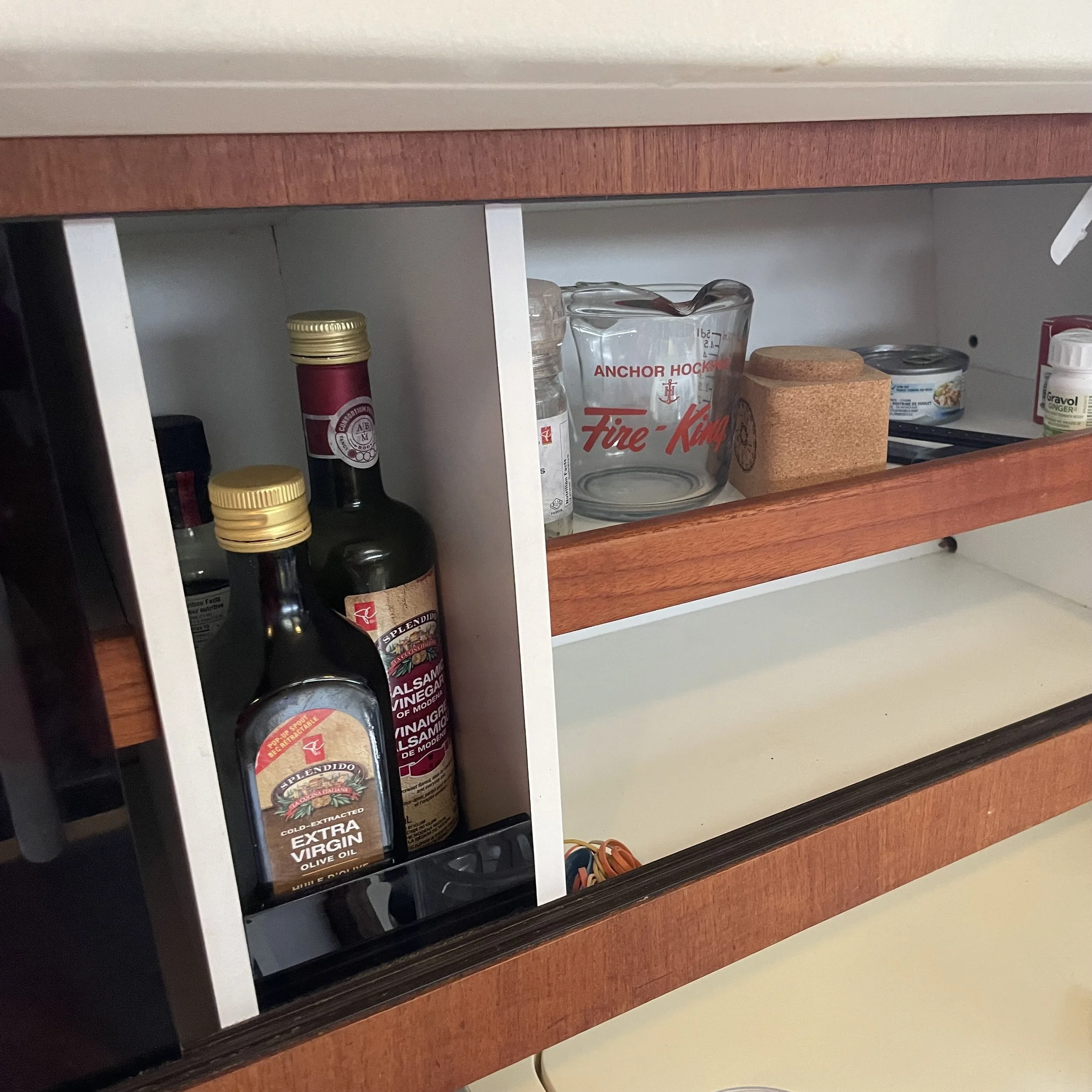 Storage above the galley sink.