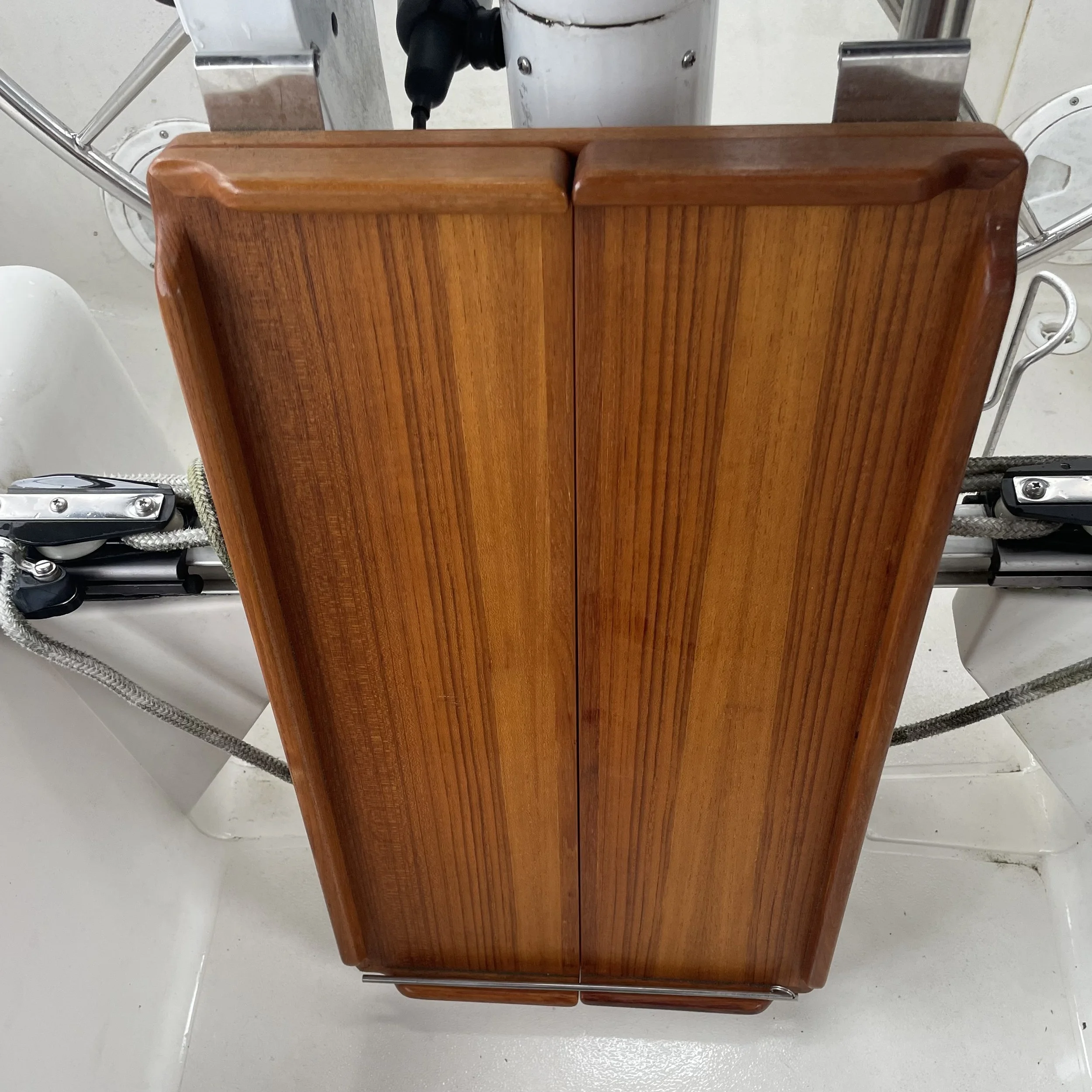 Folding teak cockpit table for evening suppers under the stars.