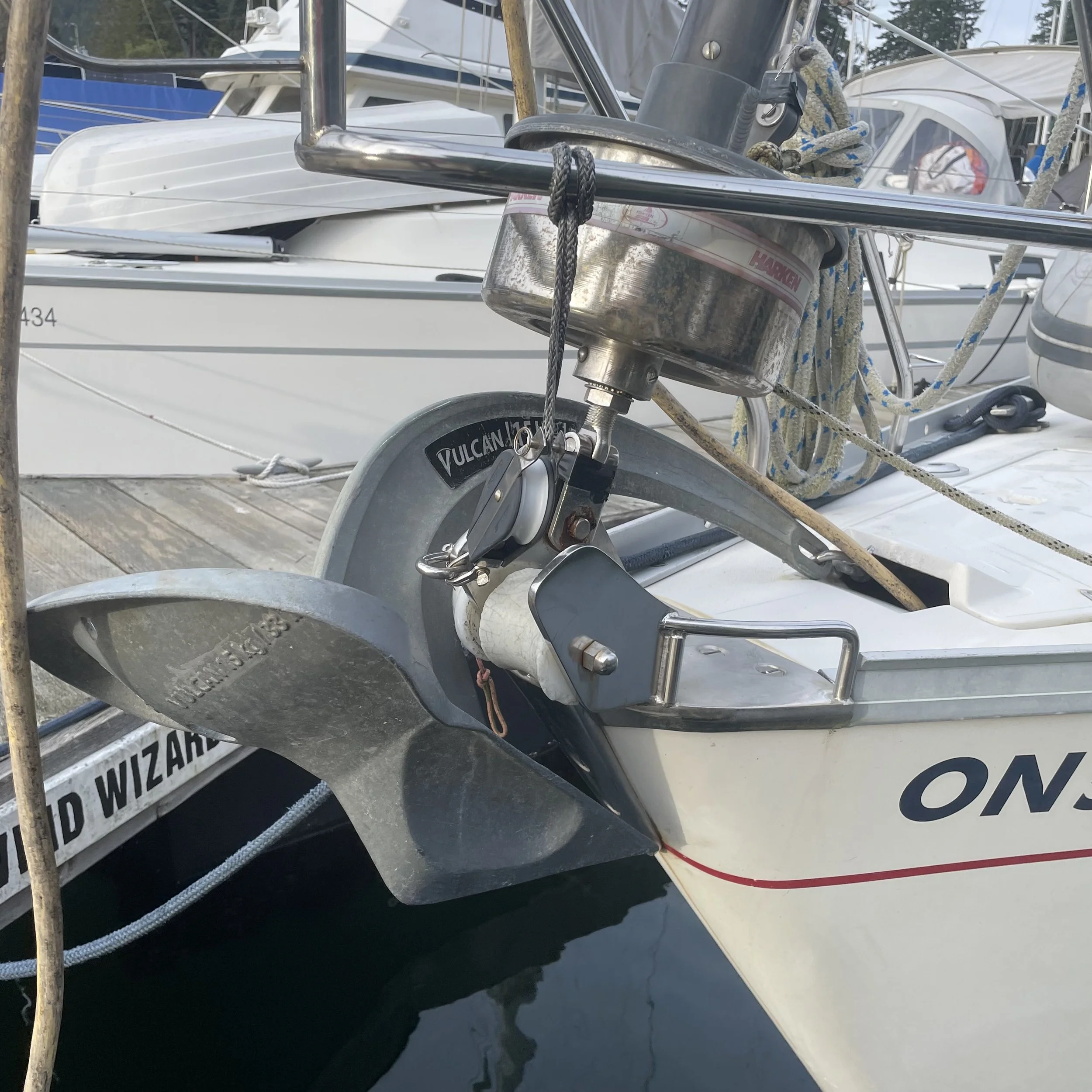 Rocna Vulcan 15 kg anchor sets fast and deep. 125' of chain and 230' of rode. 