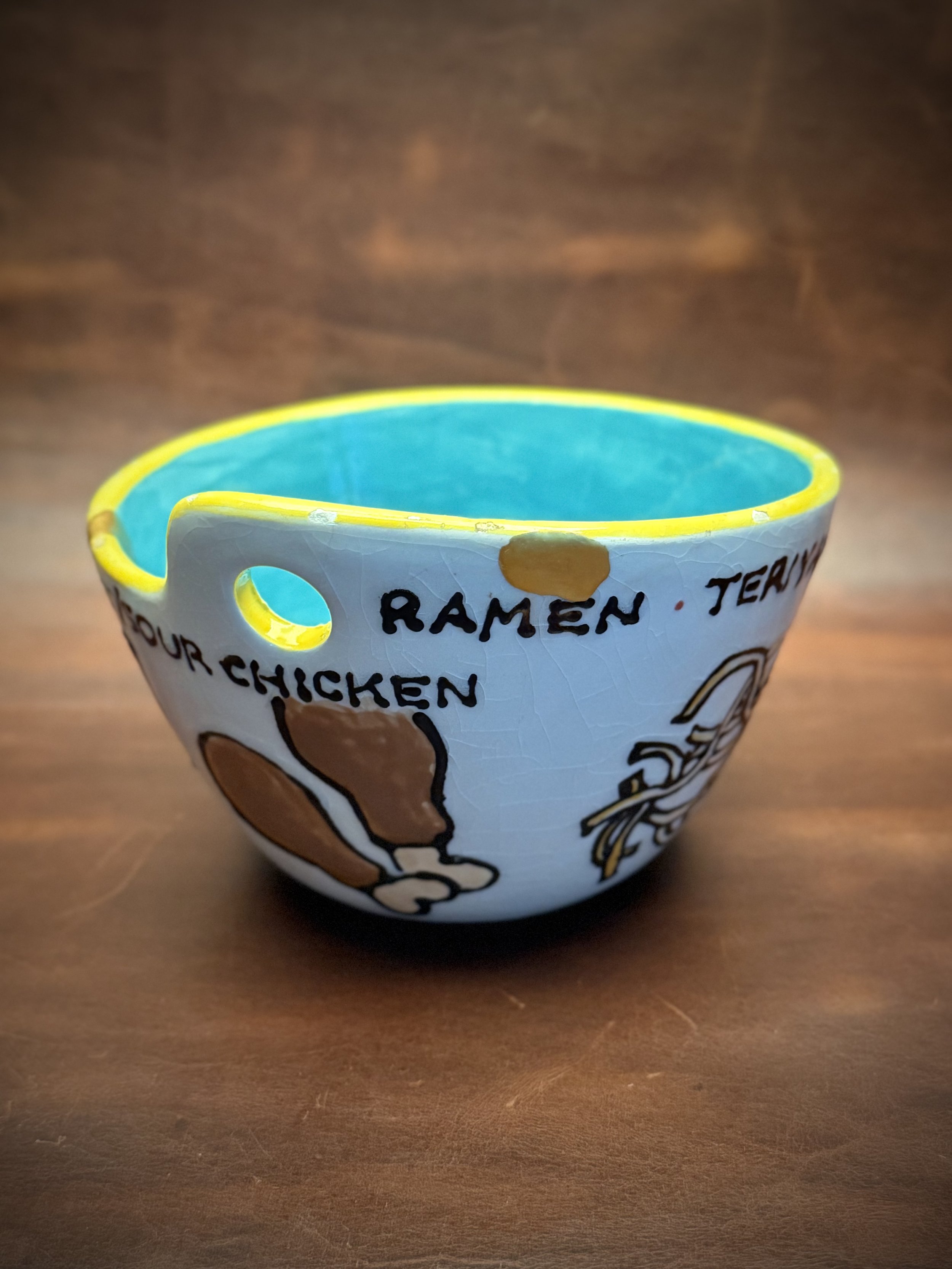 This piece came to me with an incredibly sweet story. It was hand-painted by the owner’s mother, showcasing all of her daughter’s favorite foods from when she was a kid. She still uses the bowl today, and her husband reached out to have it repaired a