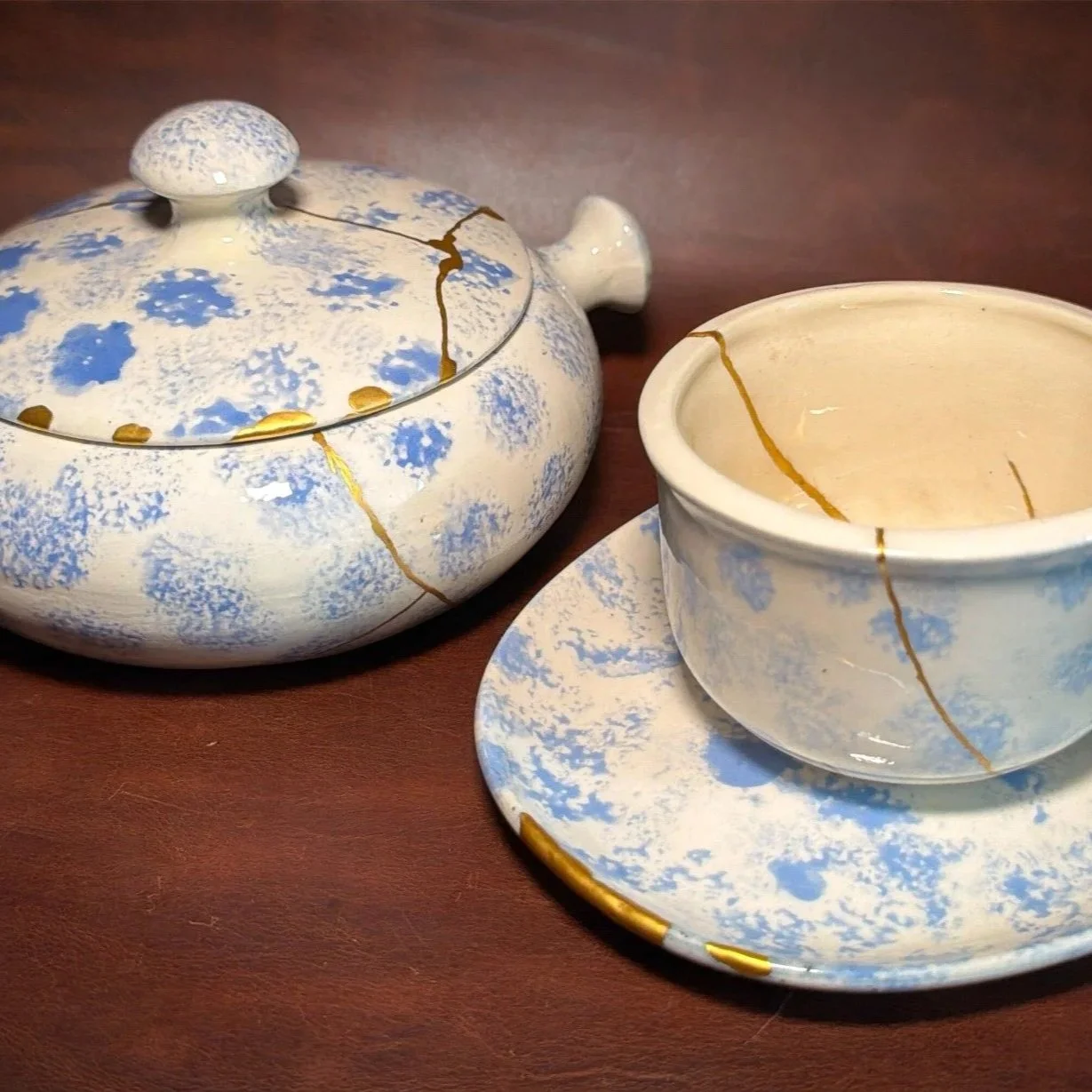 This four-piece set was made by the owner’s grandmother in 1991, and he brought it to me to have it repaired as a surprise for his dad. It was my first time working on a multi-piece set like this, and I loved seeing how the repairs complemented each 