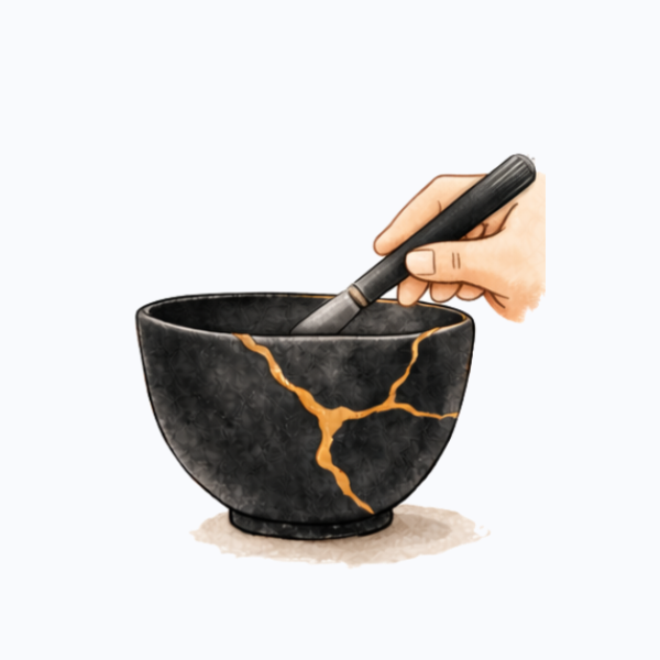 Illustration of the kintsugi process -- applying sabi urushi to a broken bowl.