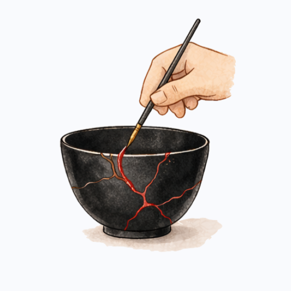 Illustration of the kintsugi process -- applying a final layer of red (bengara) urushi to a broken bowl.