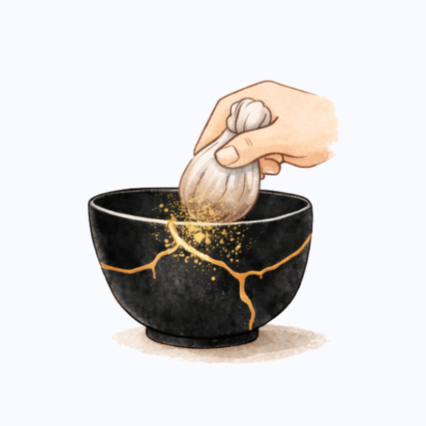 Illustration of the kintsugi process -- applying gold powder to a repaired broken bowl.