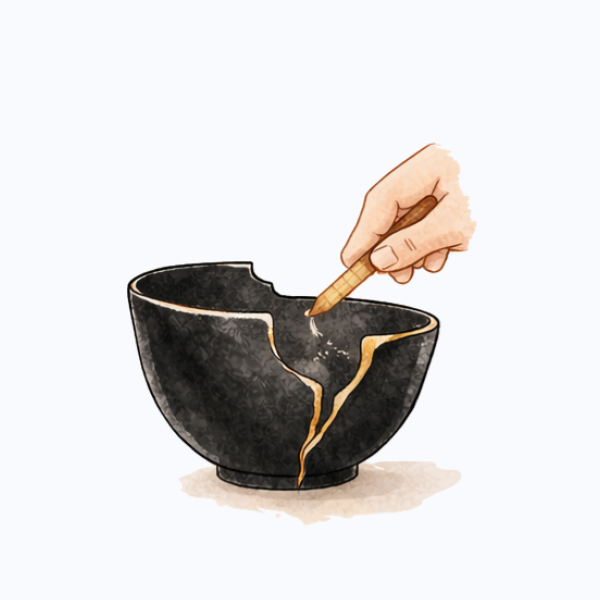 Illustration of the kintsugi process -- applying mugi urushi to a broken bowl.