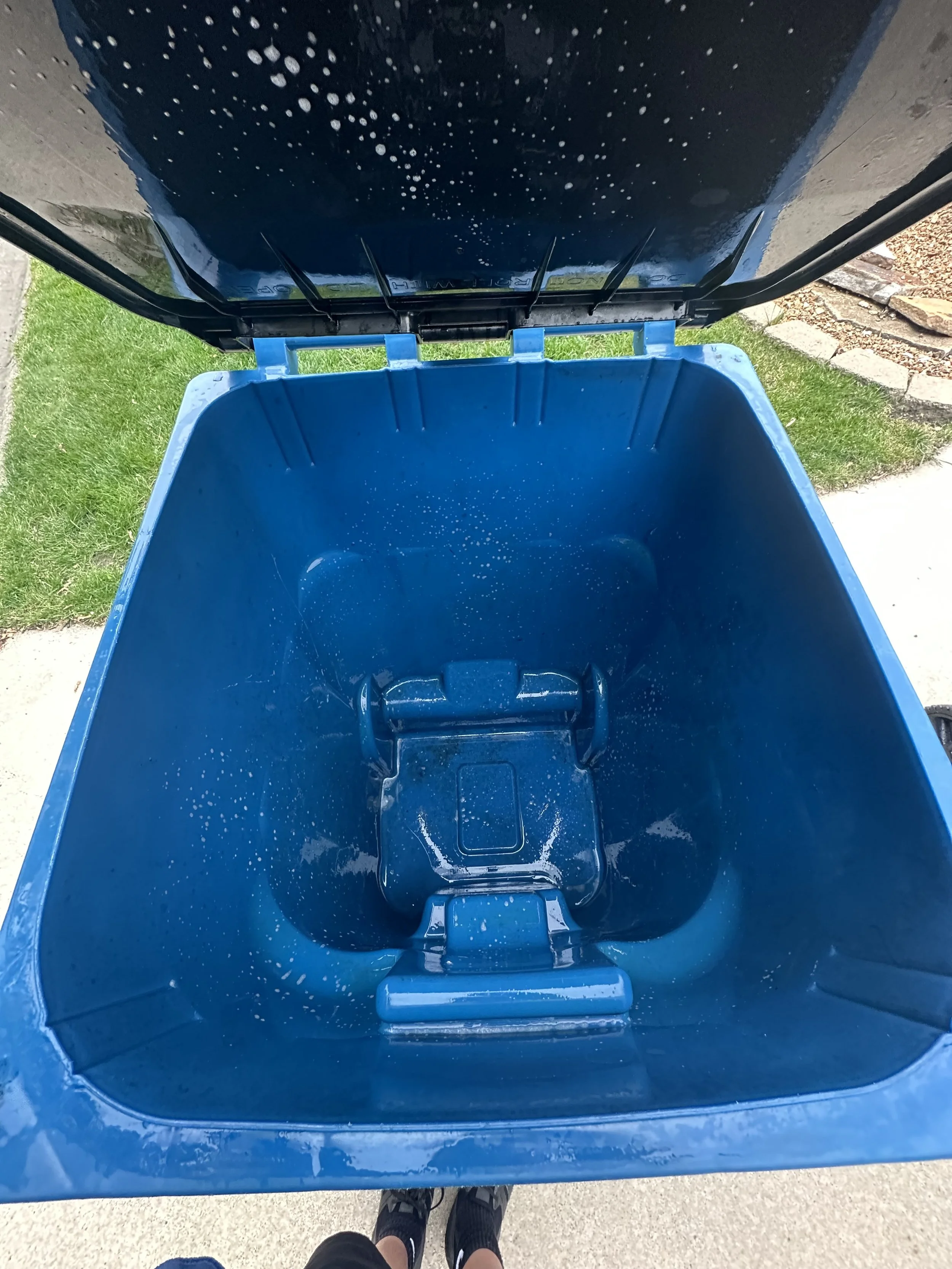 Empty blue trash or recycling bin with open lid, positioned outdoors on concrete, with grass and pathway visible in the background.