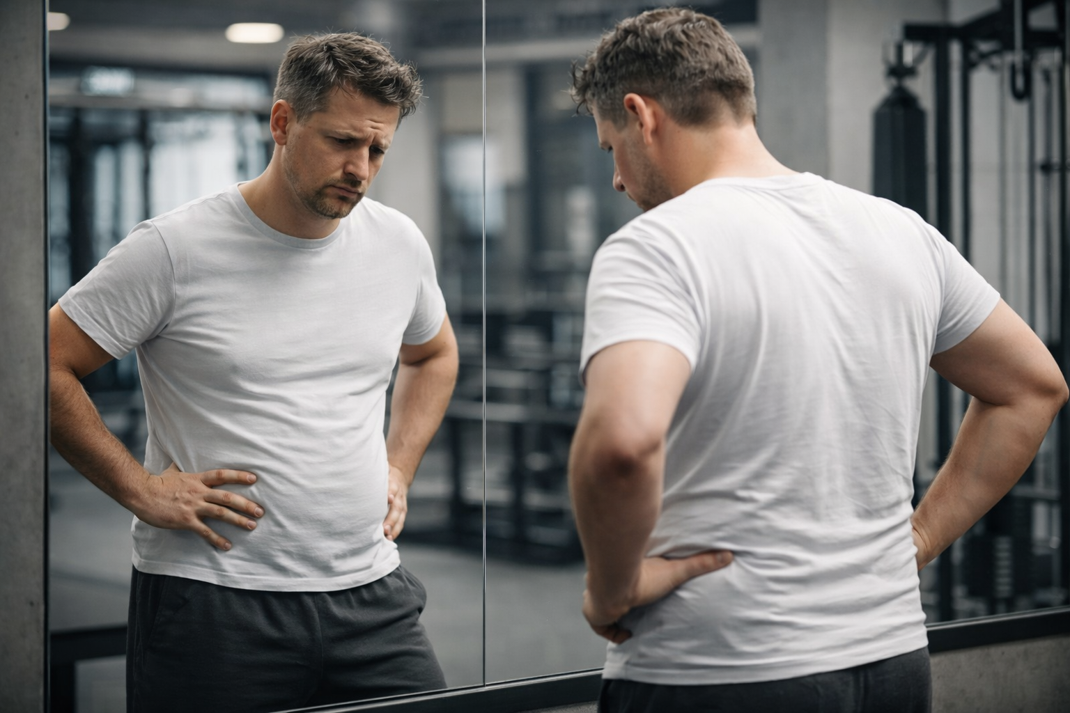 Junge Männer in einem Fitnessstudio, schauen nachdenklich in einen Spiegel, tragen weiße T-Shirts und dunkle Hosen, im Hintergrund Trainingsgeräte.