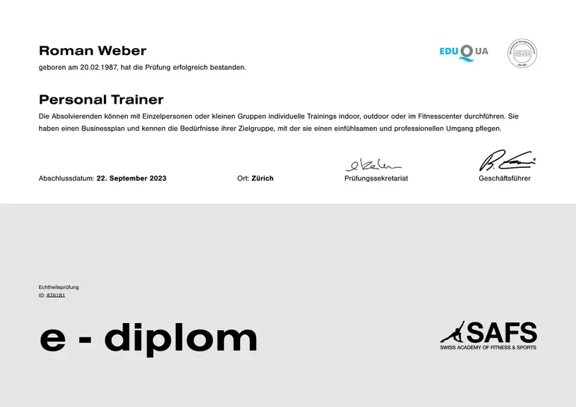 Digitales Zertifikat für Roman Weber vom Swiss Academy of Fitness & Sports (SAFS), ausgestellt am 22. September 2023 in Zürich, für den Abschluss als Personal Trainer.