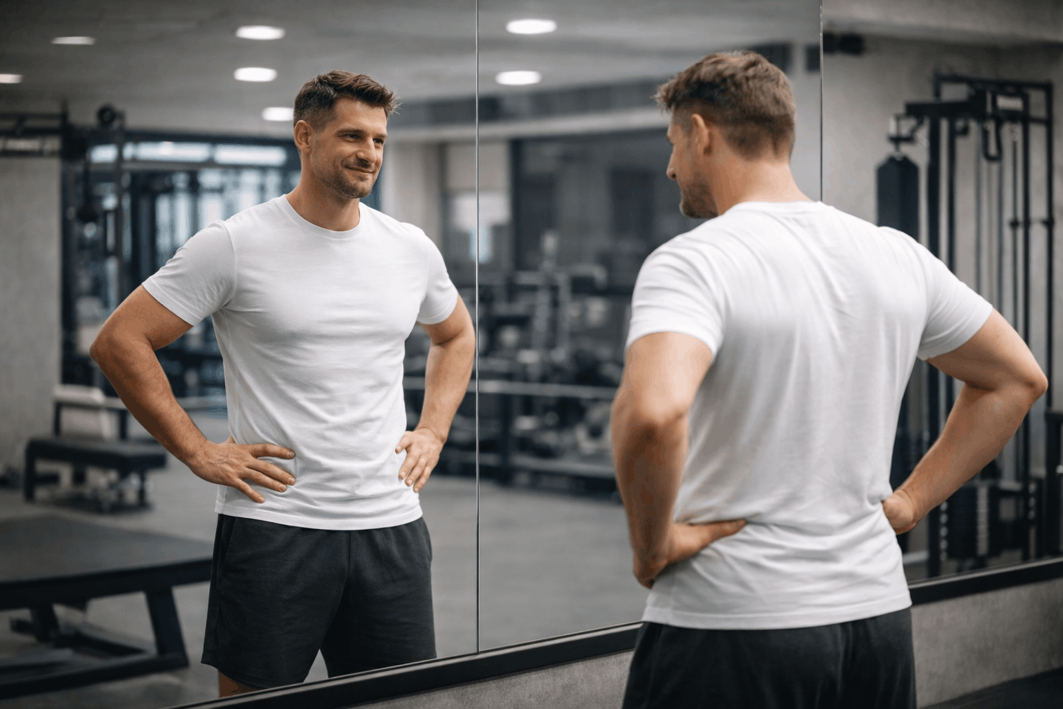 Junger Mann blickt in einen Spiegel im Fitnessstudio, trägt ein weißes T-Shirt und schwarze Shorts, lächelt leicht, im Hintergrund Trainingsgeräte.