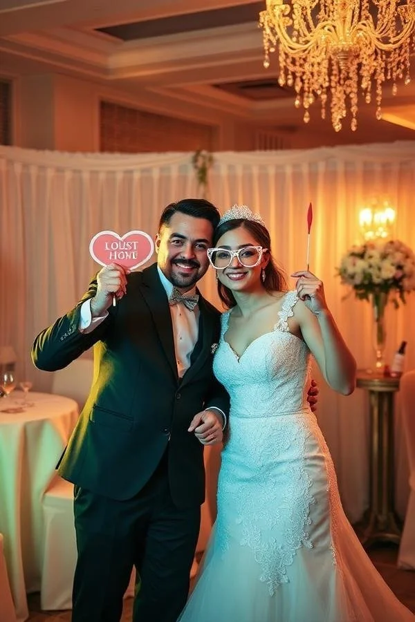 A smiling bride and groom at their wedding reception, the bride wearing a white wedding dress and glasses and the groom in a black tuxedo, holding a sign that says 'Lost Hone' and a red spatula.