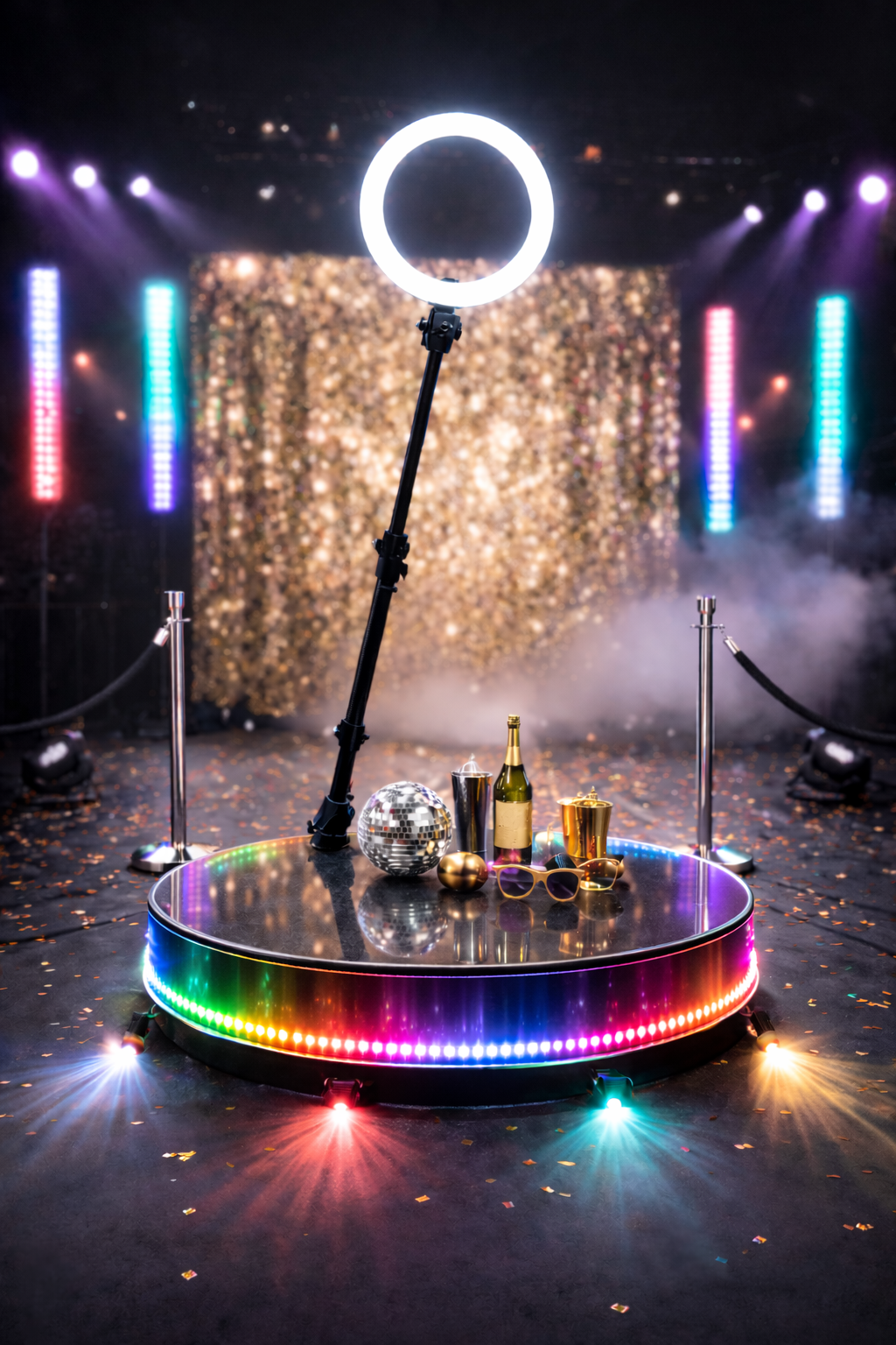 A photo booth setup with a circular platform decorated with rainbow LED lights, placed in front of a golden glitter backdrop. On the platform, there are party items including a disco ball, sunglasses, a champagne bottle, a gold cup, a cocktail shaker, and a gold ornament. An LED ring light on a stand is positioned in front, and there are colorful stage lights and confetti scattered on the floor.