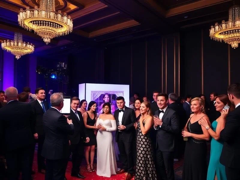 A group of formally dressed people at a wedding reception, with some clapping and smiling, in a ballroom with chandeliers and purple lighting.