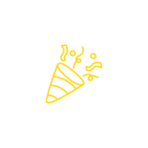 Yellow outline of a party popper with confetti and streamers coming out against a black background.