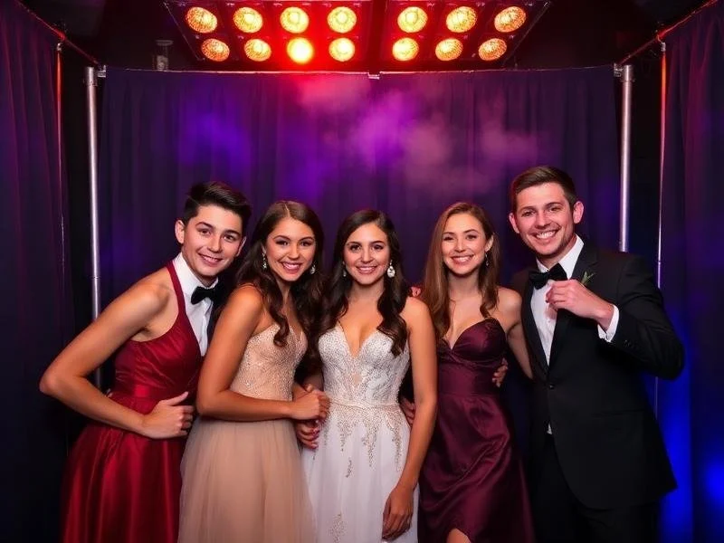 Group of five young adults, four women and one man, dressed in formal attire, smiling and posing at a celebration or prom, with colorful stage lights overhead and dark curtains in the background.
