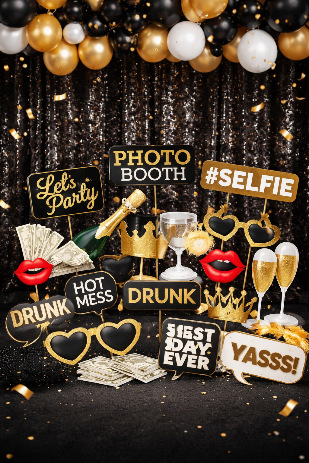 A festive photo booth setup with black and gold balloons, champagne bottles, and various playful signs and props including hearts, lips, crowns, and speech bubbles with phrases like "Let's Party," "Photo Booth," "#Selfie," "Drunk," "Hot Mess," "Best Day Ever," and "Yass!". The background features a black sequin curtain, and the table is scattered with confetti and paper money.