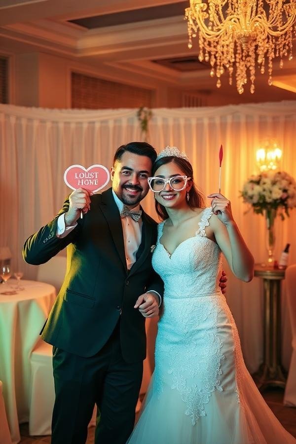 A newlywed couple in wedding attire at their reception, standing in front of a decorated backdrop, holding a heart-shaped sign that reads 'LOST MY HONEY' and a small red feather, smiling for the camera with a chandelier overhead.