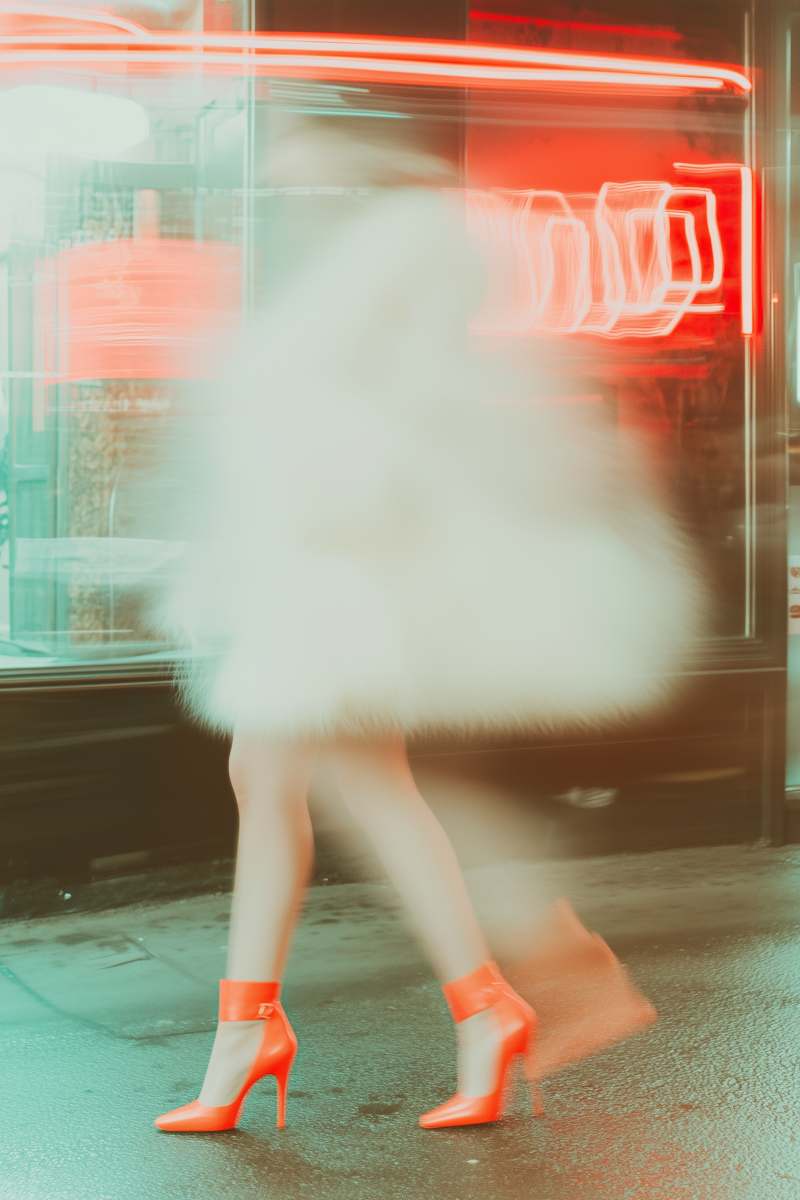 Blurred image of a person wearing bright red high heels and a white fur coat, walking in front of a neon-lit storefront at night.