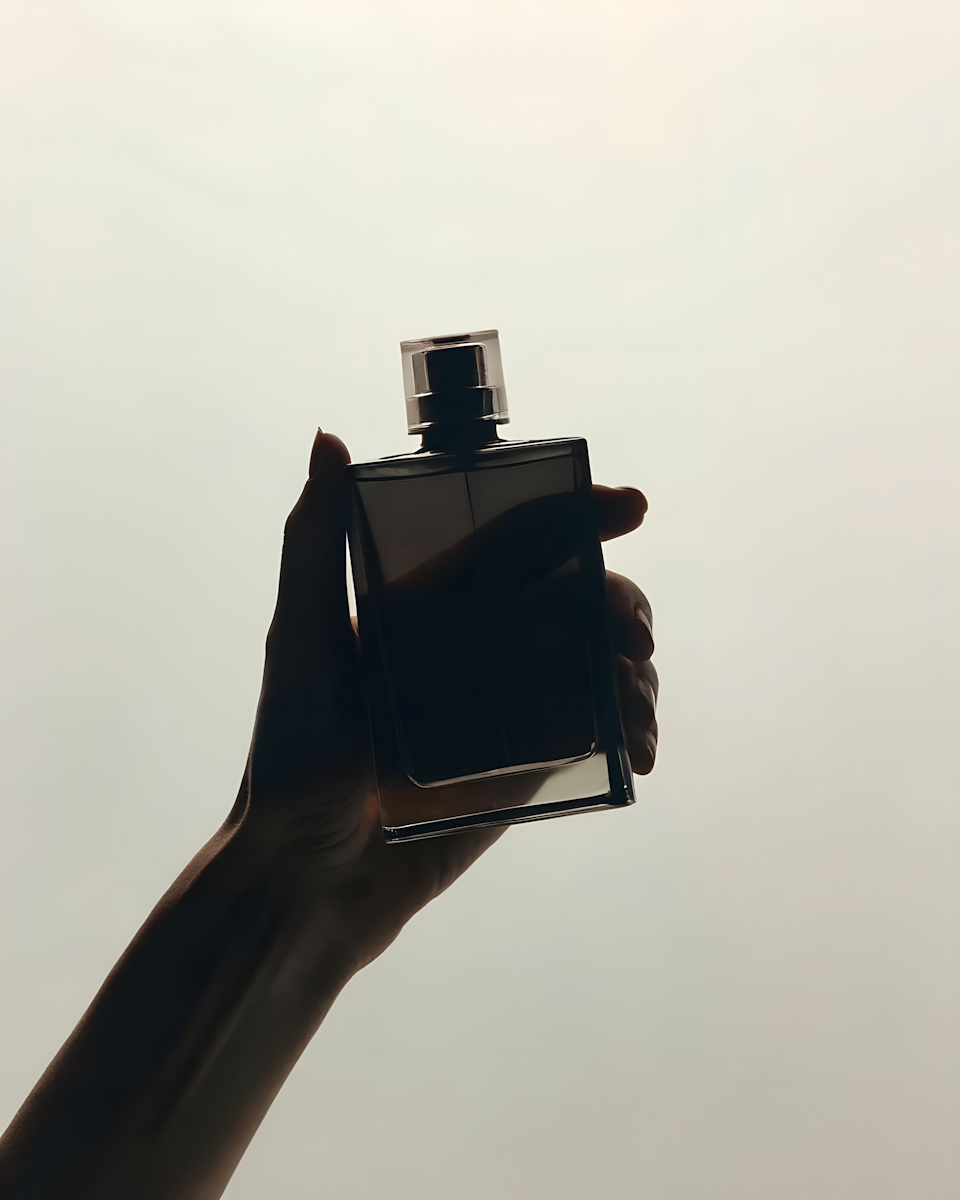 A hand holding a perfume bottle against a bright, light background.