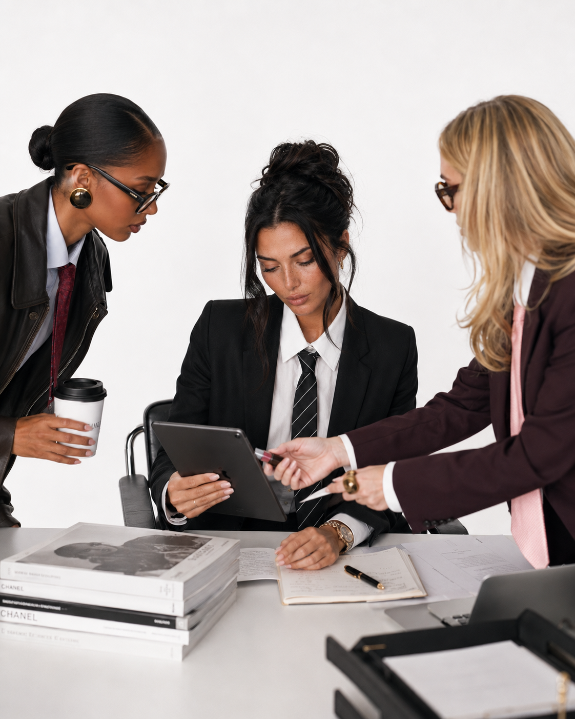 Three women in business attire gathered around a desk, looking at a tablet; one has a coffee cup, and papers and books are on the desk.