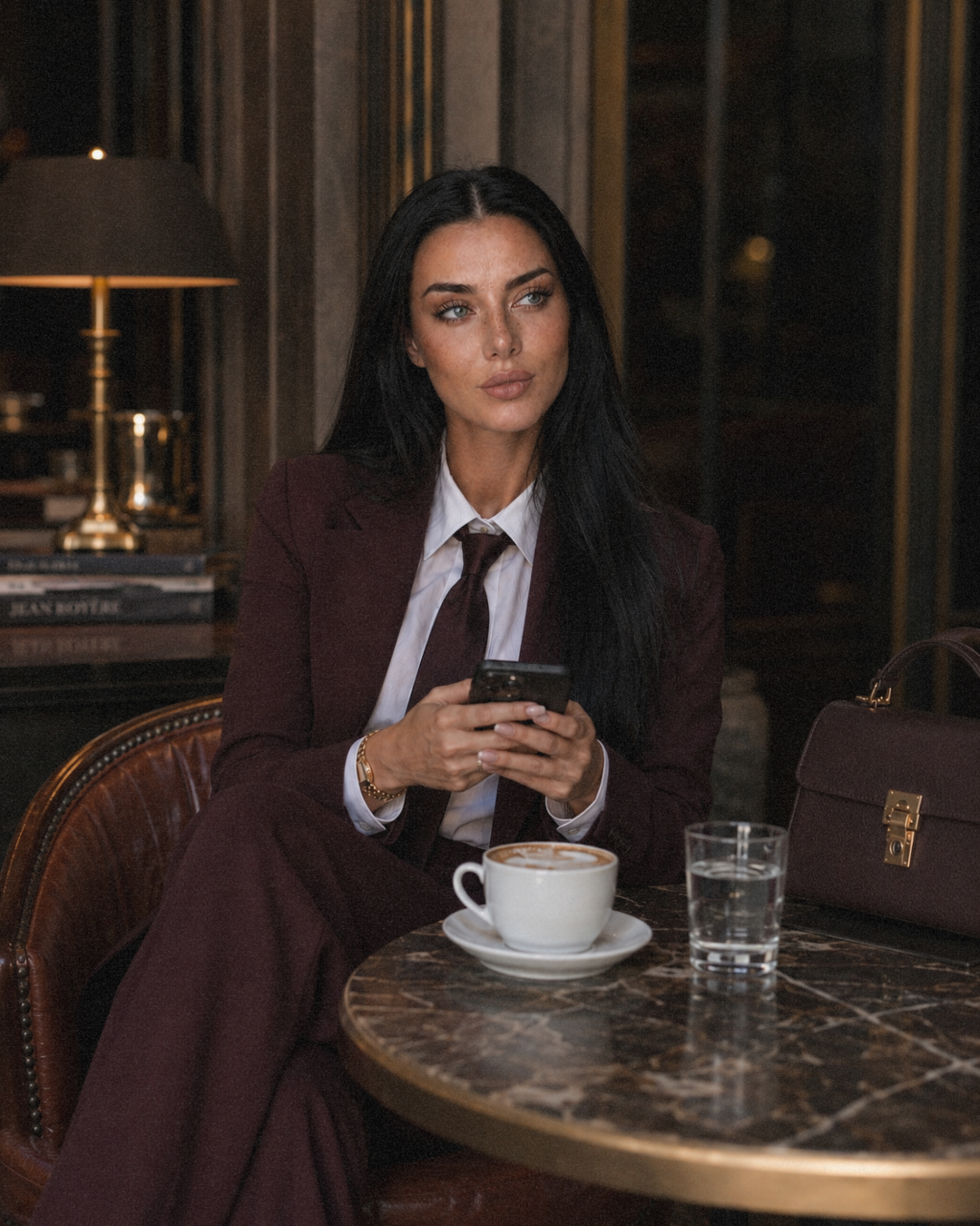 A woman with long black hair, wearing a burgundy suit and white shirt, sitting at a marble table in a dimly lit room. She is holding a smartphone, with a latte and a glass of water on the table. There is a brown handbag beside her.