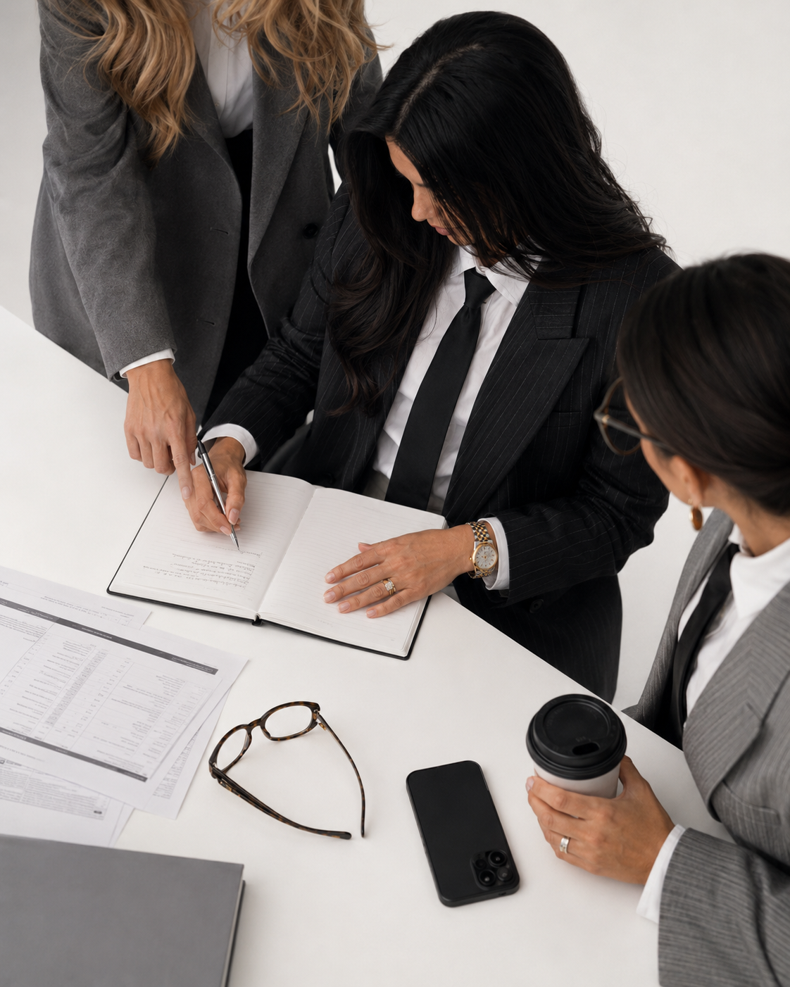 Three women in business attire are sitting at a white table, reviewing documents. One woman is signing a notebook, another is holding a coffee cup, and the third is standing and pointing at the notebook.