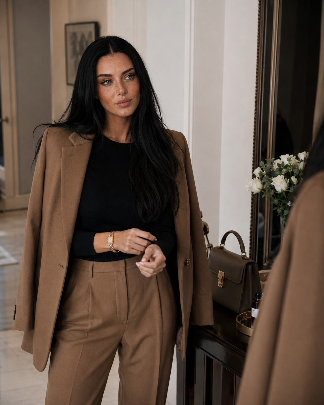 A woman with long dark hair and light skin looking at herself in a mirror, dressed in beige blazer and trousers, black top, with a gold watch, in a well-decorated room with a bouquet of white roses on a dark side table.