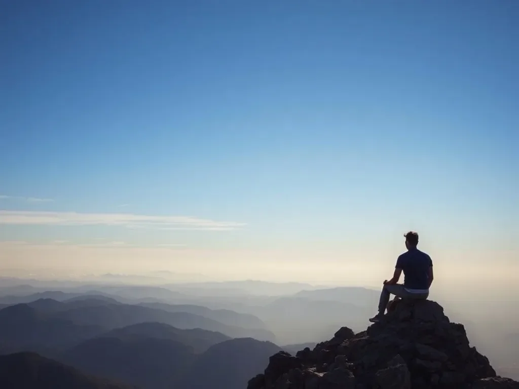 Person sitting on a mountain peak overlooking a layered mountain landscape and a clear sky.