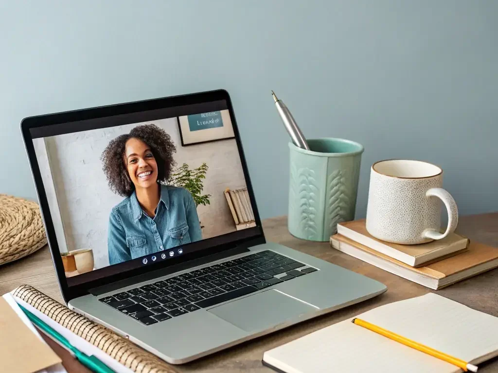 A laptop on a desk with a video call showing a smiling woman with curly hair, in a room with a white brick wall, a plant, and a framed picture. The desk has a cup, a notebook, a yellow pen, and containers with pens and books.