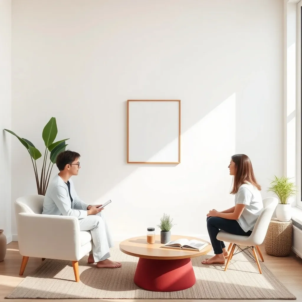 A therapy session between a therapist and a patient in a bright, minimalist room with potted plants, a round coffee table with books and a plant, and natural sunlight streaming in through large windows.