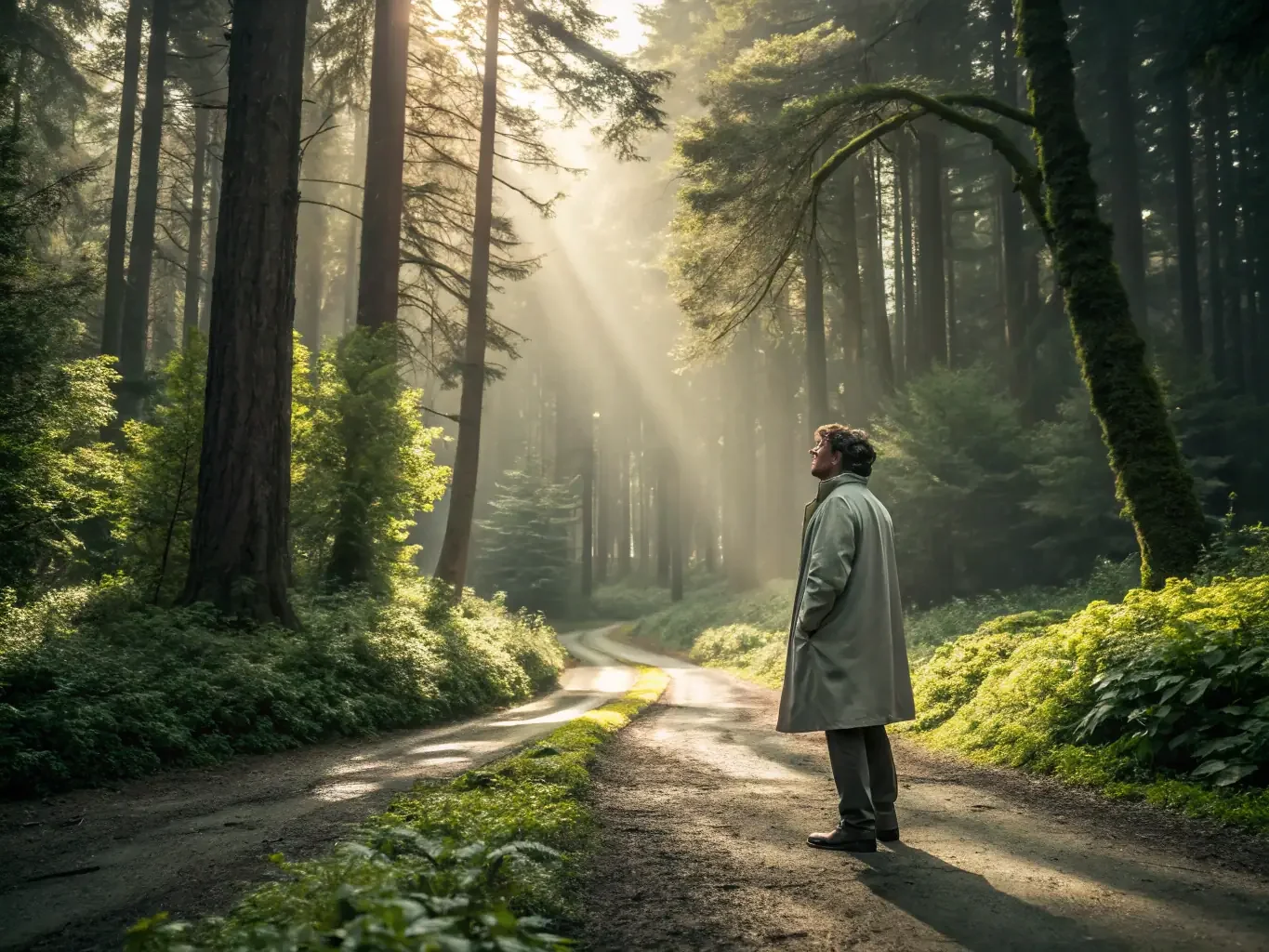 A man in a gray coat standing on a forest trail, surrounded by tall trees with sunlight filtering through the branches. Life transitions.