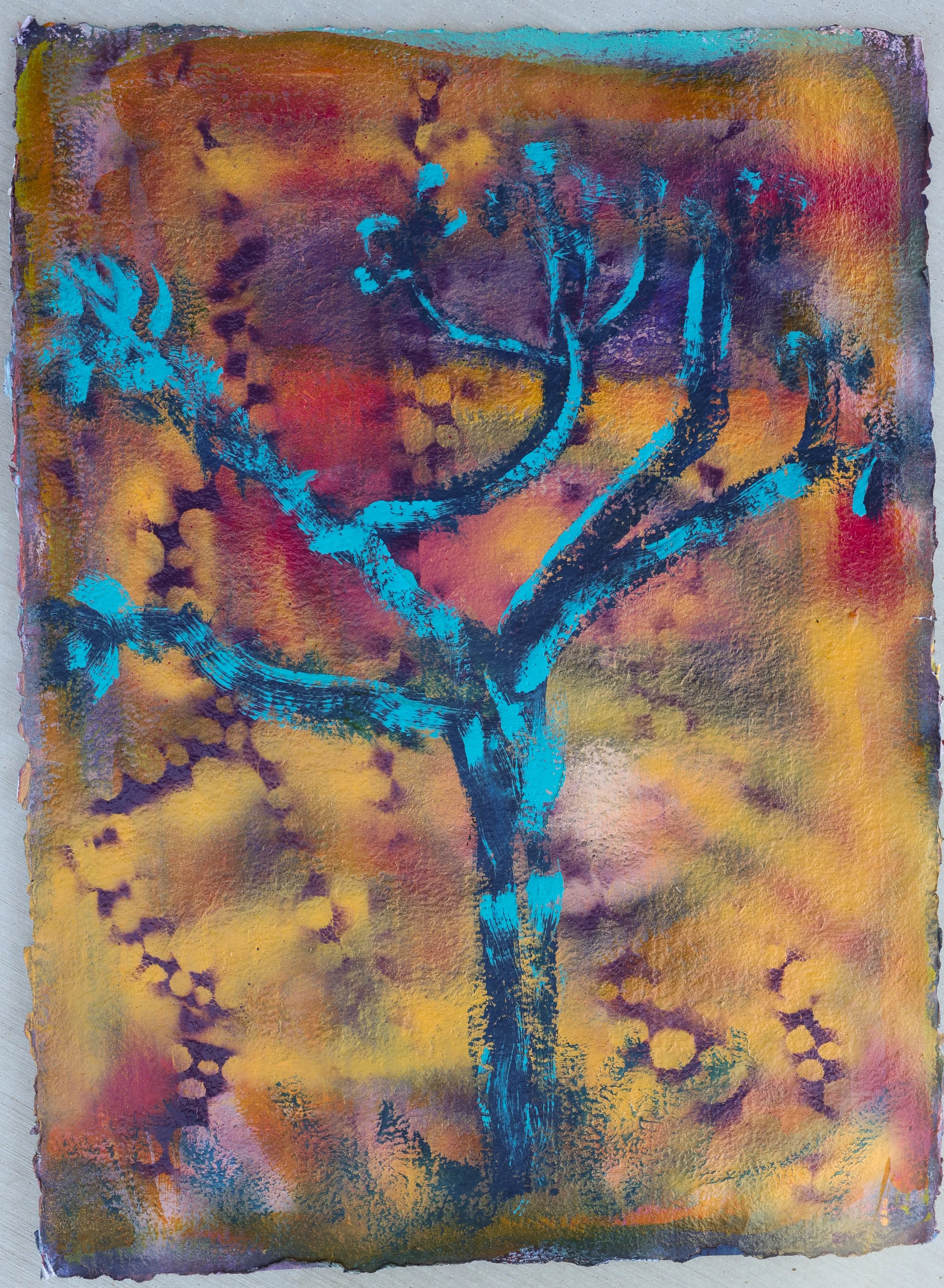 Abstract painting with blue Joshua tree-like figure on a vibrant background of orange, yellow, purple, and red hues.