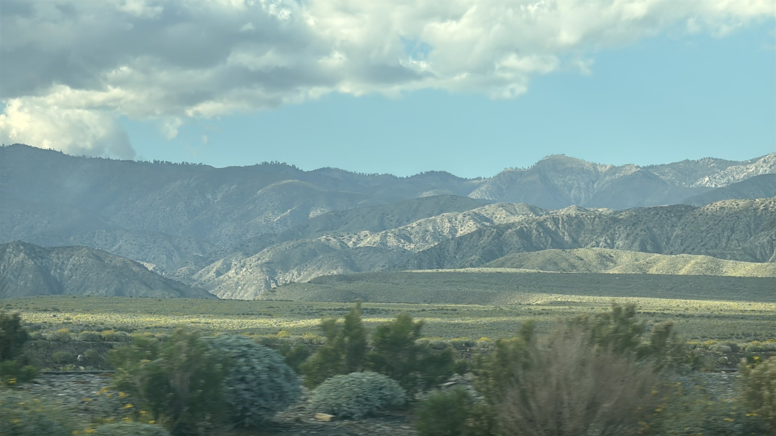 A landscape of distant mountains with a cloudy sky above and desert-like vegetation in the foreground.