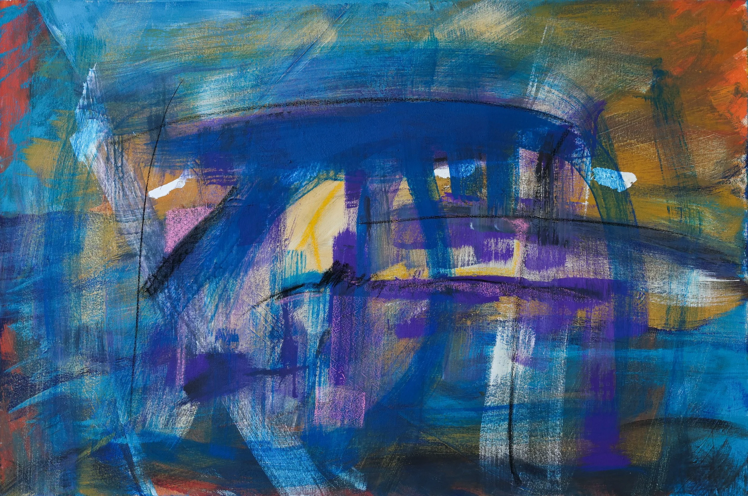 Abstract painting with vivid blue, purple, yellow, green, white, and orange brushstrokes and splashes.