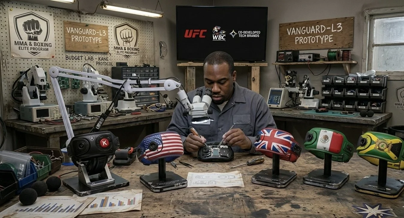 A man working on a drone at a desk with five other drones with USA, UK, Mexico, and Brazil flags on their tops. The workspace has tools, equipment, and signage related to MMA, boxing, and drone prototype projects.