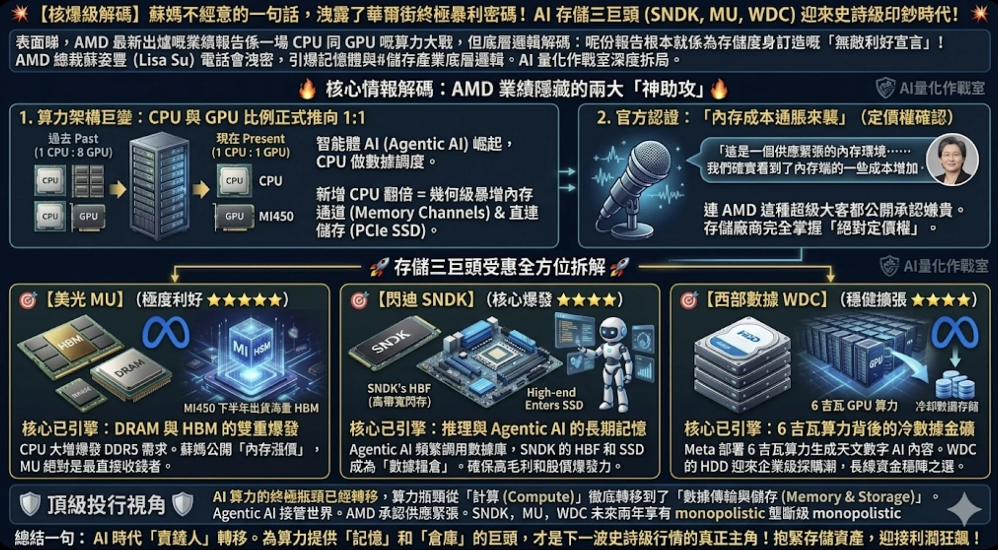  【核爆級解碼】蘇媽不經意的一句話，洩露了華爾街終極暴利密碼！AI 存儲三巨頭 (SNDK, MU, WDC) 迎來史詩級印鈔時代！ 