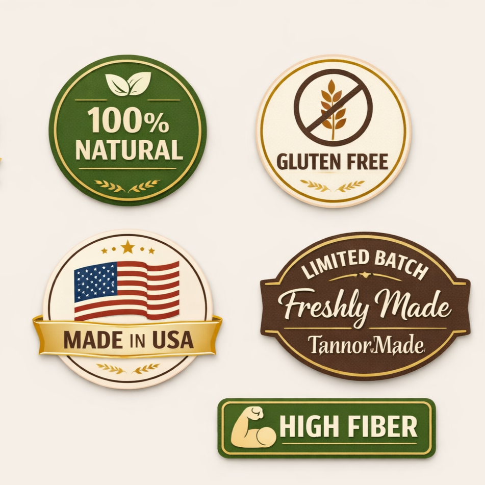 Six circular and rectangular labels indicating product features: 100% Natural, Gluten Free, Made in USA, Freshly Made, High Fiber, and a wheat symbol with a prohibition sign.