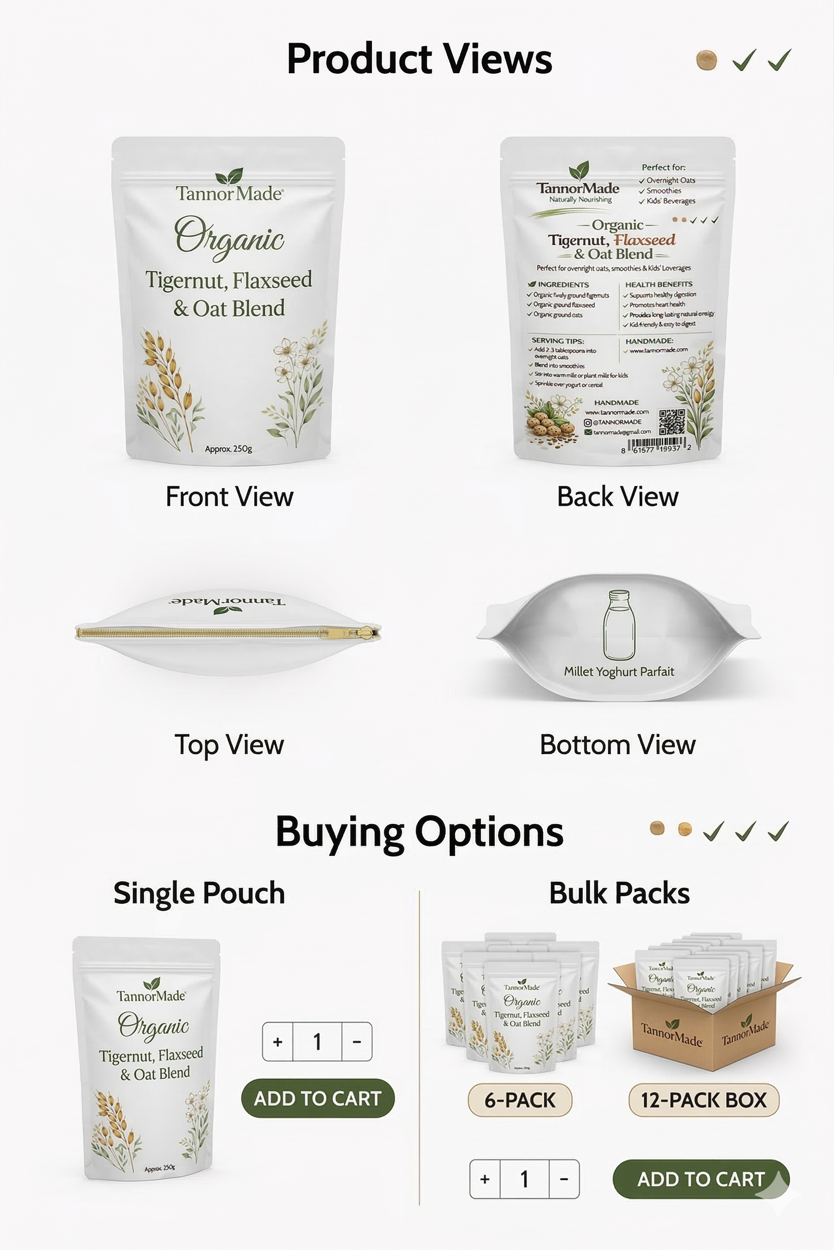 Product packaging display for TannorMade Organic Tigernut, Flaxseed & Oat Blend, showing front, back, top, and bottom views, along with buying options for single pouch and bulk packs.