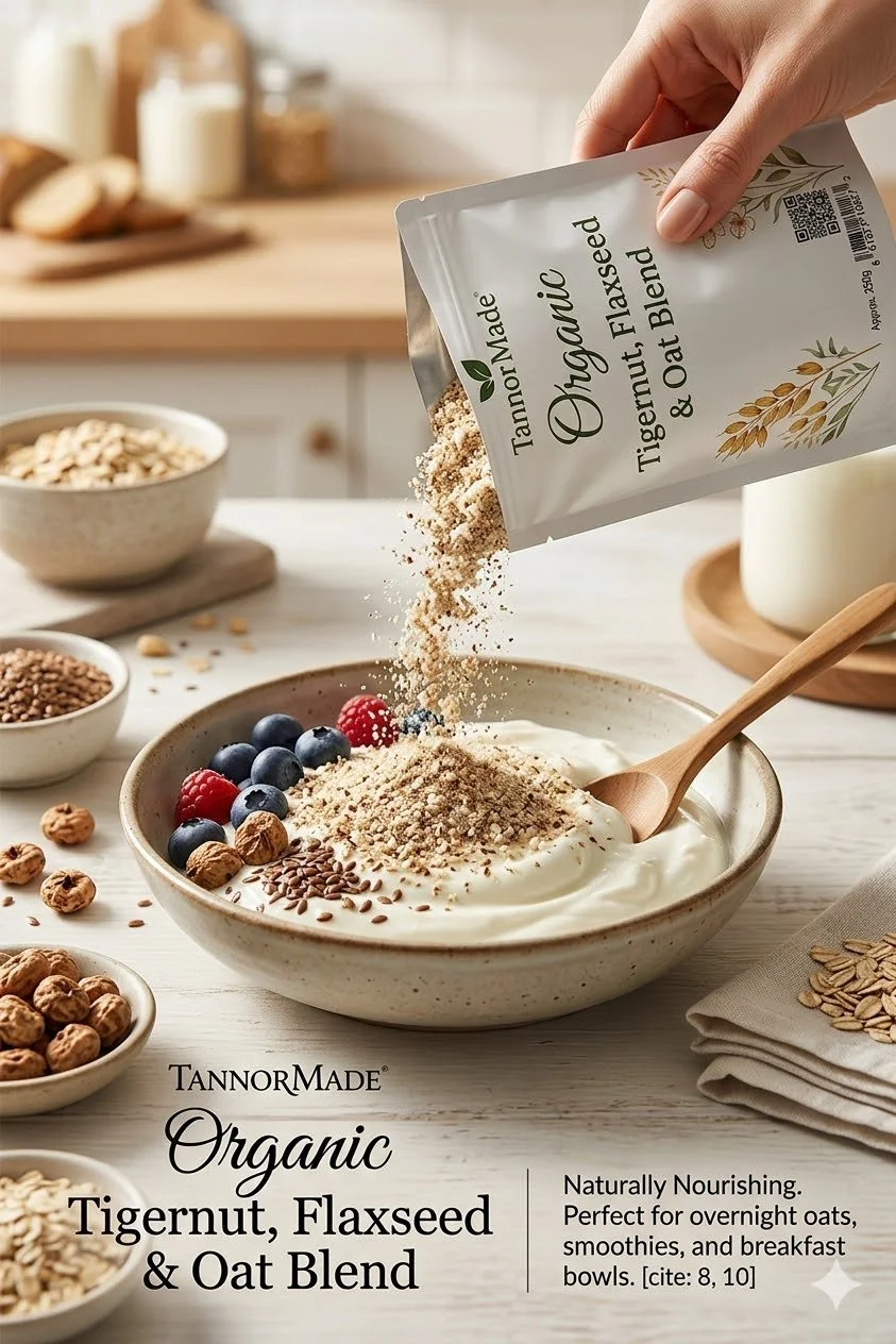 A hand pouring TannorMade organic Tigernut, Flaxseed, and Oat Blend powder into a bowl of yogurt, surrounded by bowls of oats, nuts, and seeds on a white wooden table.