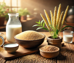 Assorted grains, seeds, and milk on a rustic wooden table, with a glass and pitcher of milk and a plant in the background.